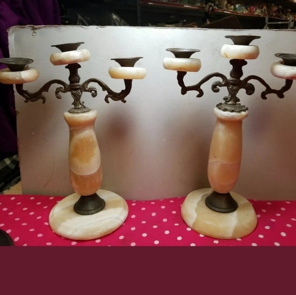 Vintage Marble Brass Alabaster Marble 3 Arm Candel